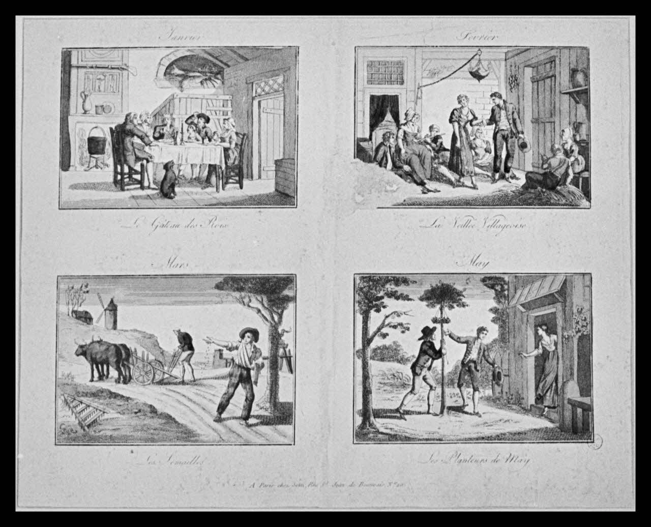 Alain Guey photographie Quatre tableaux calendaires : le gâteau des rois, la veillée villageoise, les semailles, les planteurs de may. Cuivre couleur. Maison Jean à Paris Ile-de-France, France 1967/10/1-1967/12/31 Ph.1967.25.834 Photo