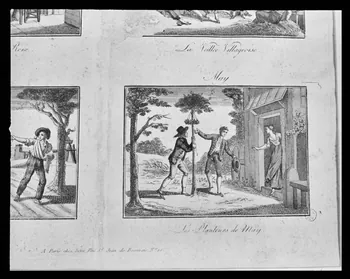 Alain Guey photographie Quatre tableaux calendaires : "May, les planteurs de may" (détail). Cuivre couleur. Paris, chez Jean. Deux jeunes hommes avec l'arbre, jeune fille sur le pas de sa porte Ile-de-France, France 1967/10/1-1967/12/31 Ph.1967.25.835 Photo