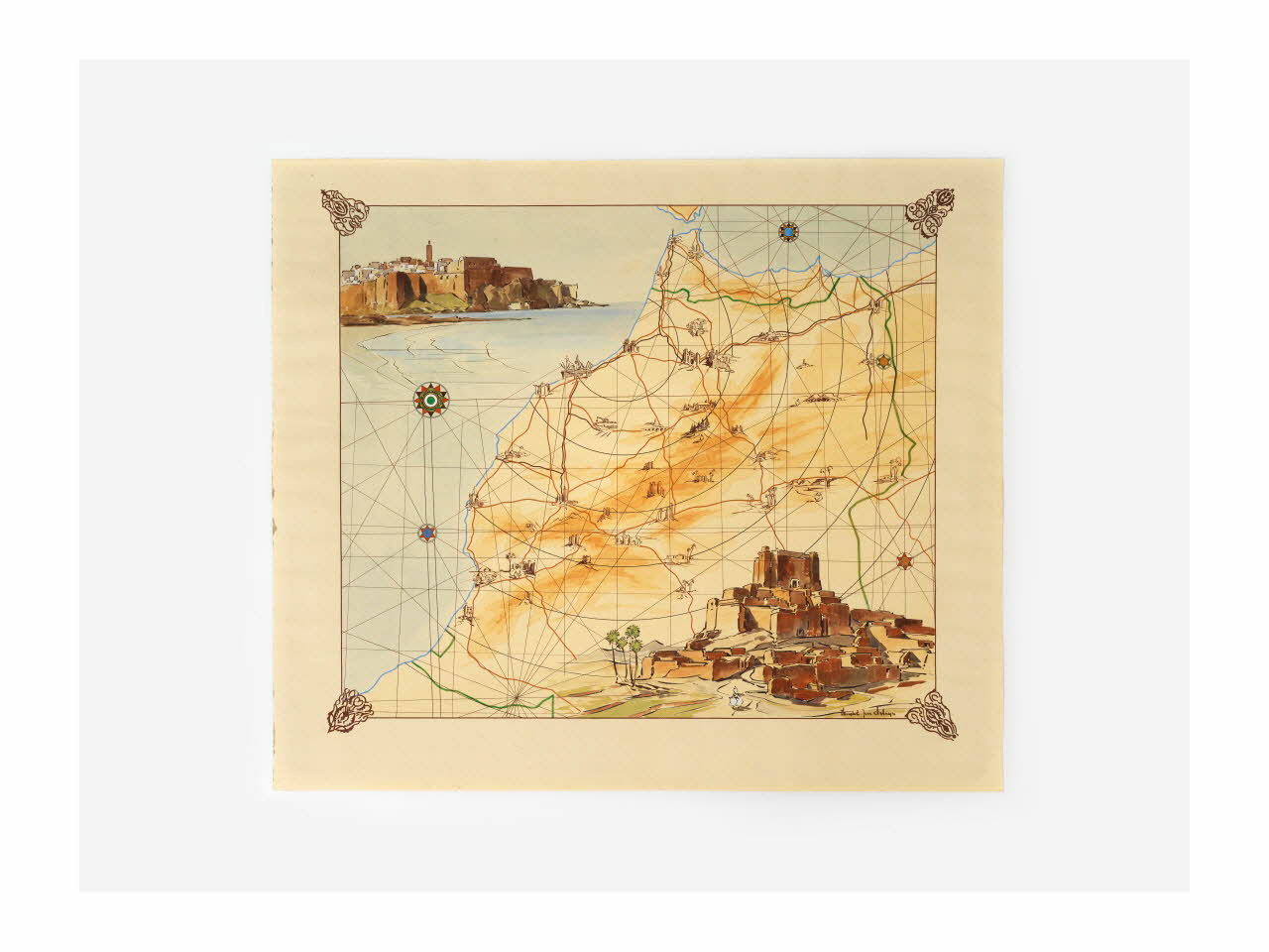 aquarelle Carte de Rabat et des casbahs du sud, Aït Ben Ahdou, dessin original 2019.8.28  Photo Mucem/ Yves Inchierman