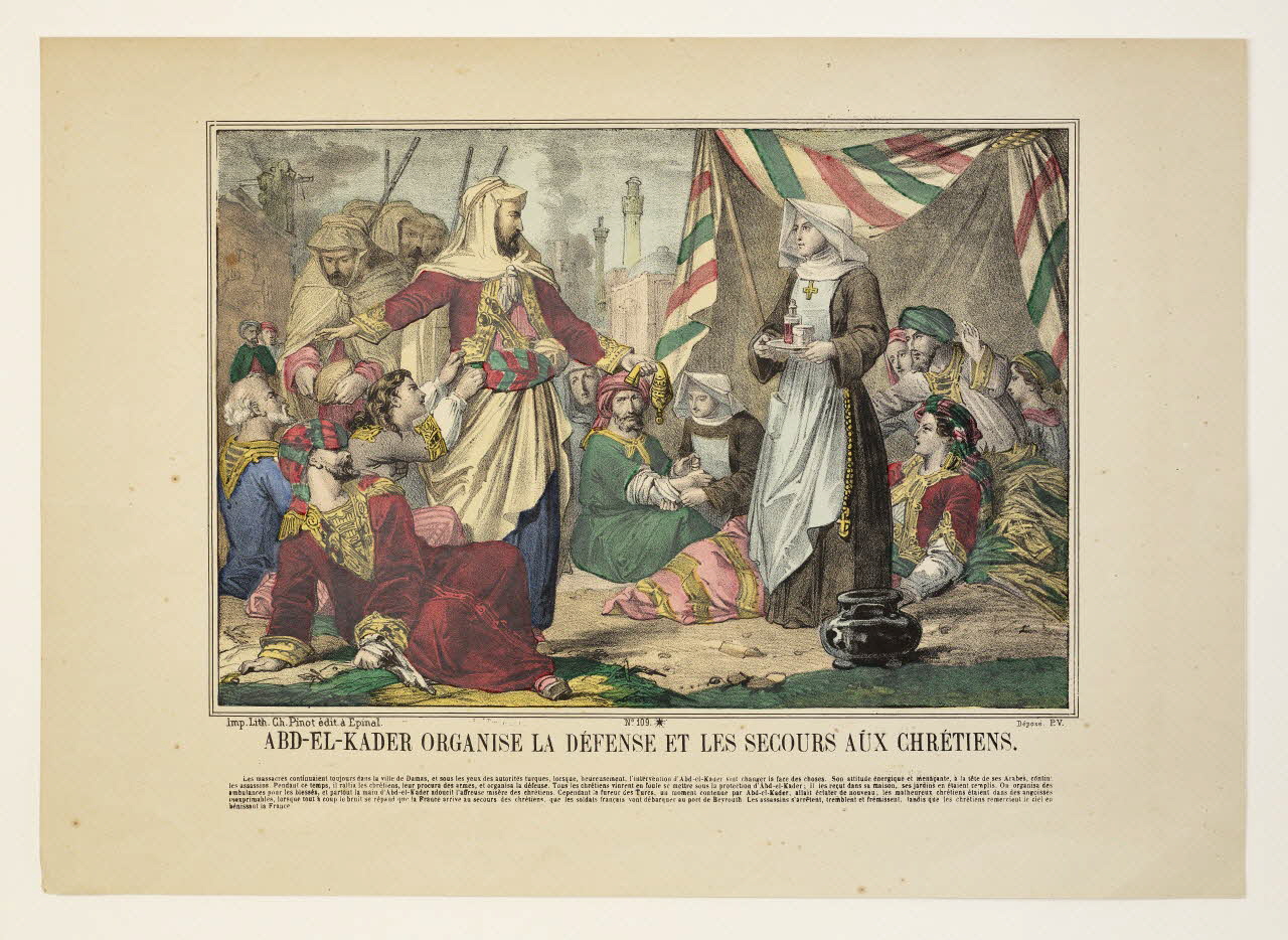 François-Charles Pinot estampe Abd el-Kader organise la défense et les secours aux chrétiens Lorraine, France 1860 2022.1.25 Photo Mucem / Marianne Kuhn
