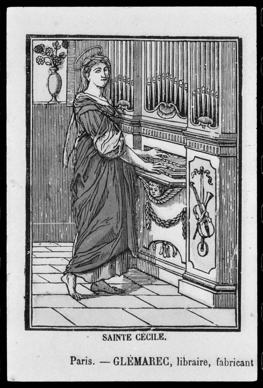 Alain Guey photographie "Sainte Cécilia". Vue en détail d'une estampe. Bois couleur. Editée par Garnier à Allabre Ile-de-France, France 1973/3/1 Ph.1973.83.3 Photo