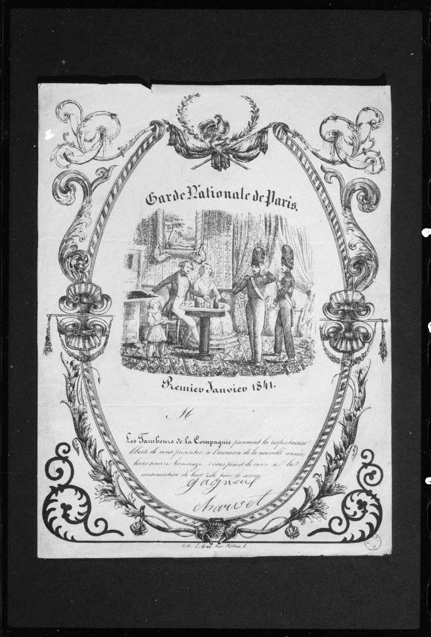 Alain Guey photographie Faire-part de Nouvel An de la Garde Nationale de Paris. Lithographie datée du 1er janvier 1841. Editée par Lobrec à Paris Ile-de-France, France 1973/11/20 Ph.1974.7.1 Photo