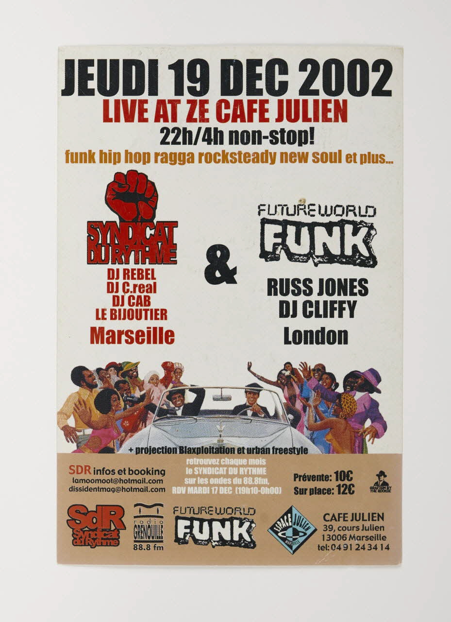 DJ Rebel affichette publicitaire Flyer "Syndicat du rythme" Provence-Alpes-Côte d'Azur, France 2002 2022.27.6 Photo Mucem / Marianne Kuhn