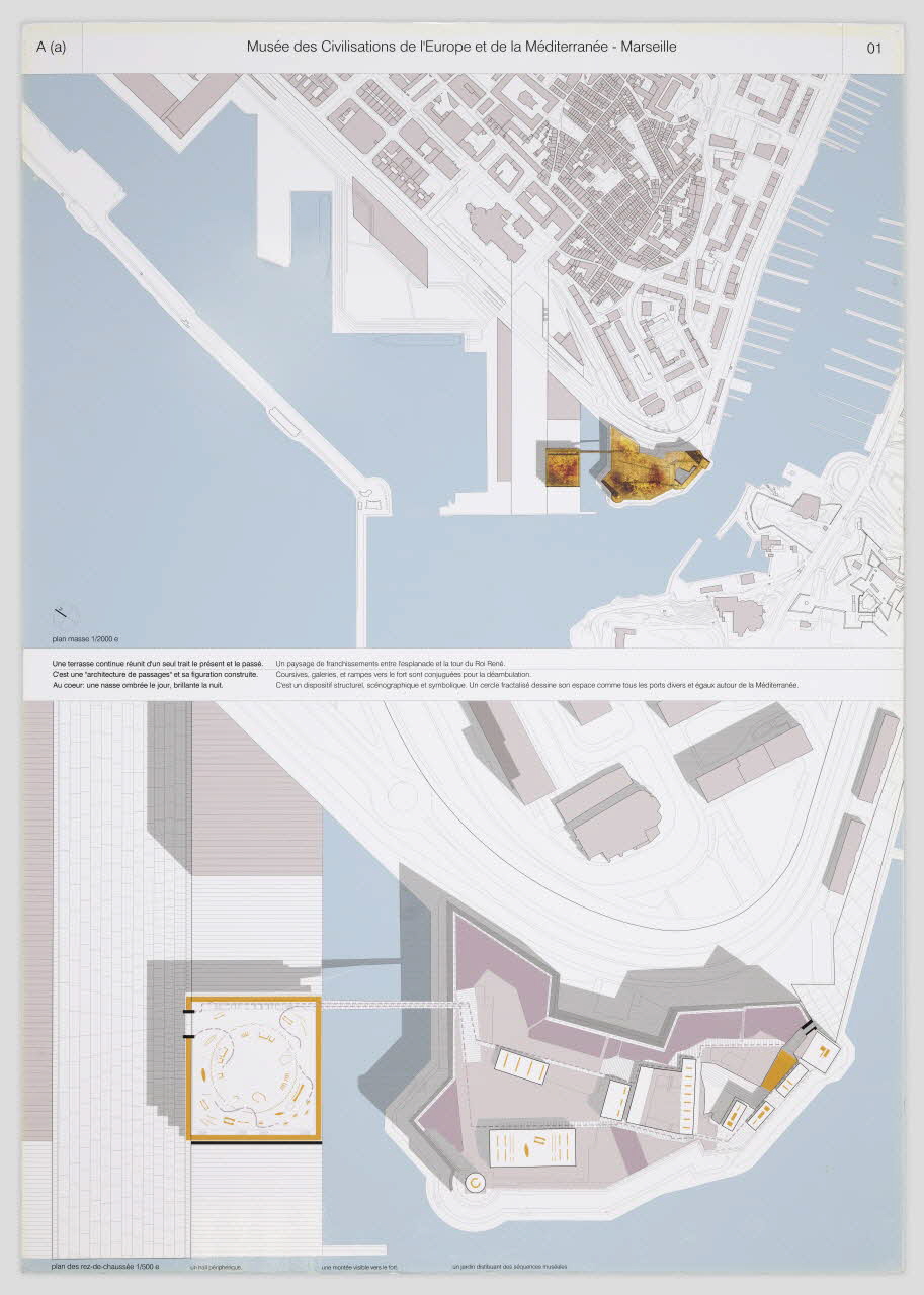 Patrick Berger ; Jacques Anziutti panneau Projet du concours d'architecture pour le Mucem J4 France 2002 2017.42.6.3 Photo Mucem / Marianne Kuhn