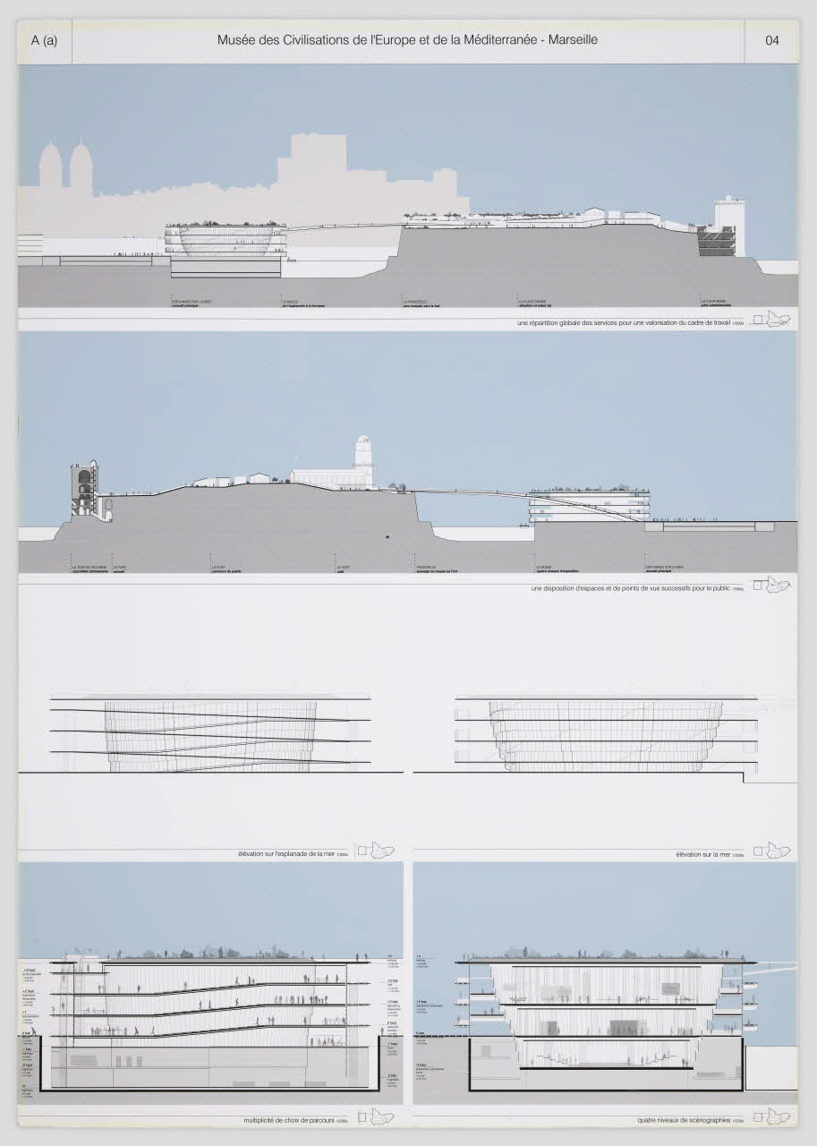 Patrick Berger ; Jacques Anziutti panneau Projet du concours d'architecture pour le Mucem J4 France 2002 2017.42.6.6 Photo Mucem / Marianne Kuhn