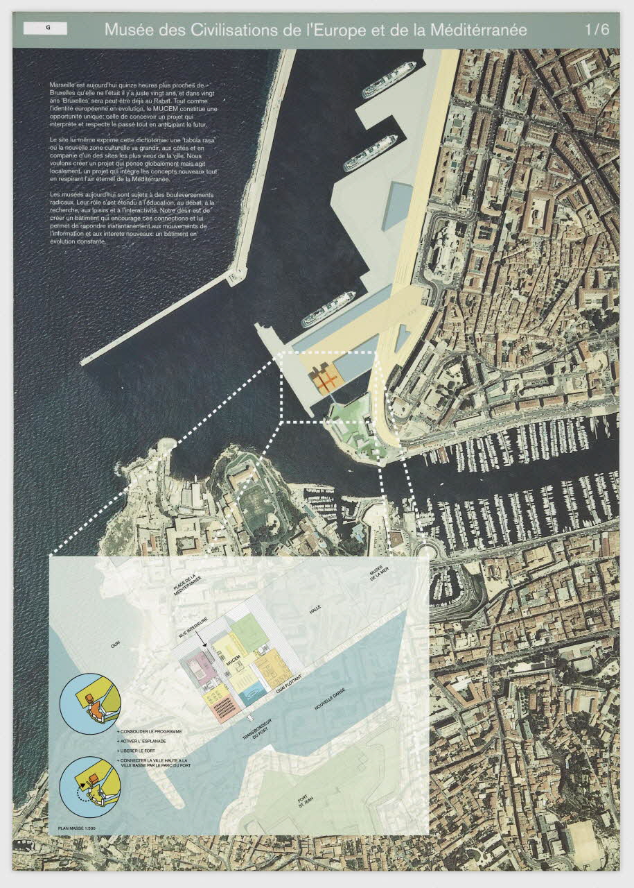 OMA ; Rem Koolhaas ; Julien Monfort panneau Projet du concours d'architecture pour le Mucem J4 France 2002 2017.42.9.3 Photo Mucem / Marianne Kuhn