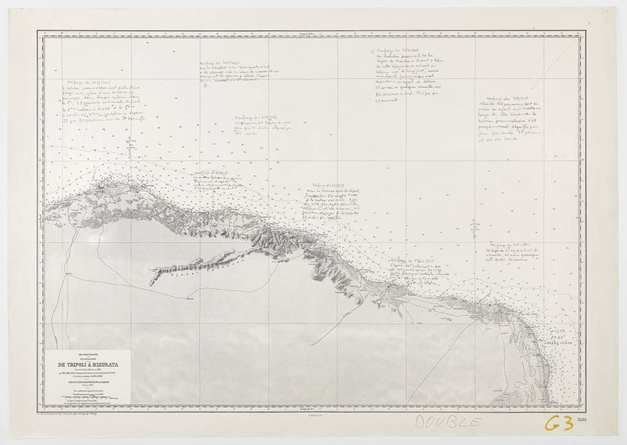 Mathieu Pernot carte de géographie Carte marine des naufrages, Mer Méditerranée tripolitaine de Tripoli à Misurata France 2021 2023.3.7 Photo Mucem / Marianne Kuhn