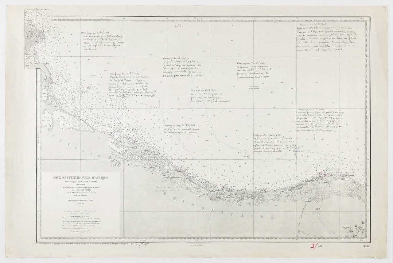 Mathieu Pernot carte de géographie Carte marine des naufrages, Côte septentrionale d'Afrique, entre Zarzis et Tripoli France 2021 2023.3.9 Photo Mucem / Marianne Kuhn