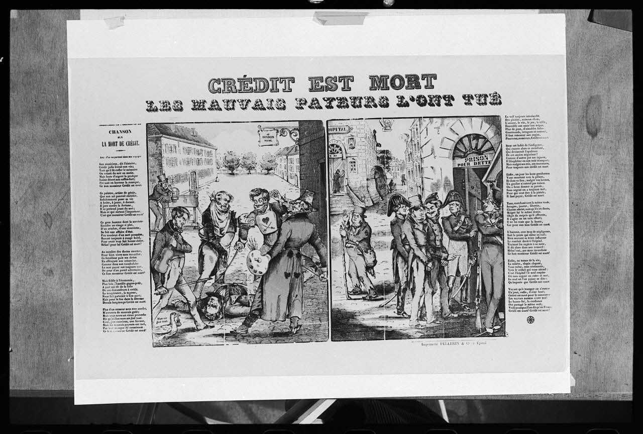 photographie "Crédit est mort les mauvais payeurs l'ont tué". Chanson. Maison Pellerin à Epinal. Deux scènes : assassinat de Crédit puis meurtriers punis. Prison pour dettes et hôpital Ph.1977.1.1200 Photo
