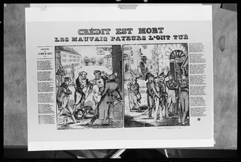 photographie "Crédit est mort les mauvais payeurs l'ont tué". Chanson. Maison Pellerin à Epinal. Deux scènes : assassinat de Crédit puis meurtriers punis. Prison pour dettes et hôpital Ph.1977.1.1200 Photo