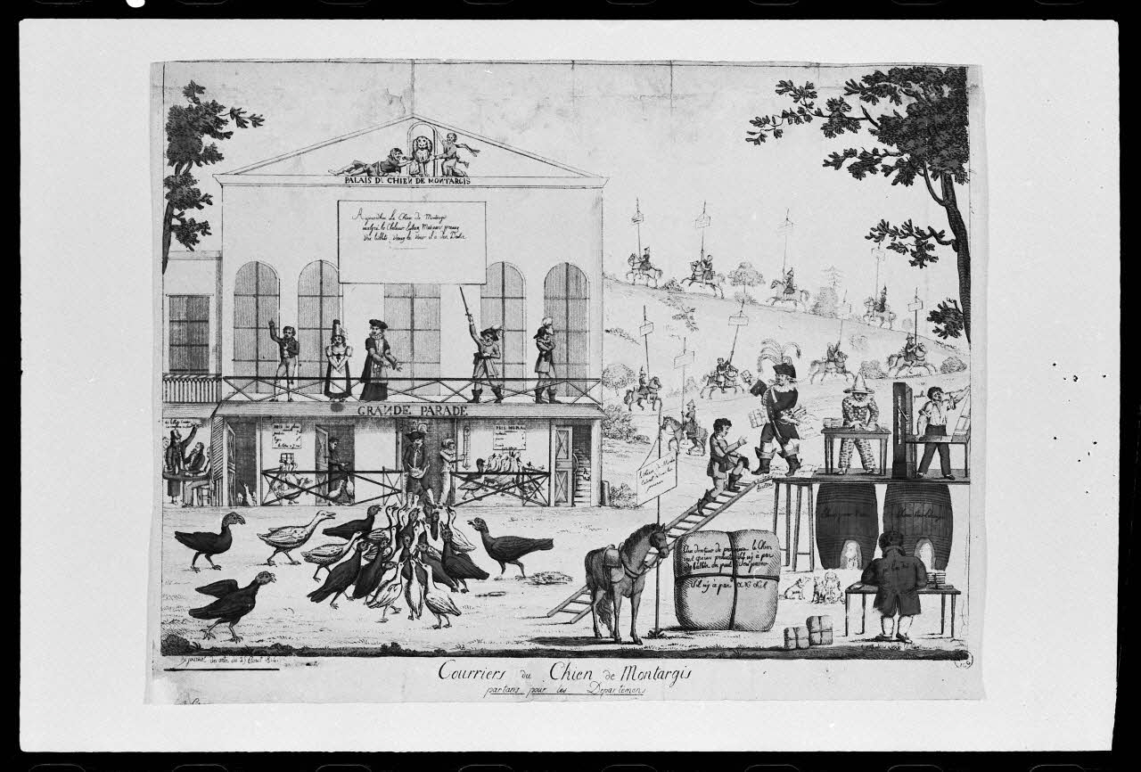 Alain Guey photographie Estampe. "Courrier du chien de Montargis partant pour les départements". In "Journal des Arts". Caricature. Cuivre couleur France 1977/3/1 Ph.1977.1.336 Photo