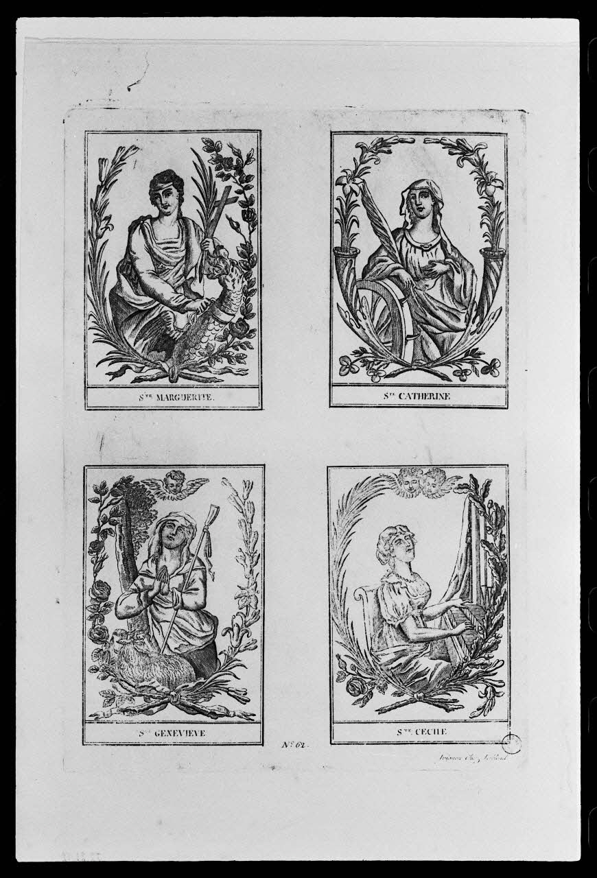 photographie "Sainte Marguerite, sainte Catherine, sainte Geneviève et sainte Cécile". Estampe. Cuivre noir et blanc édité par Lelblond (Avignon). Numéro 62 Ph.1977.1.864 Photo