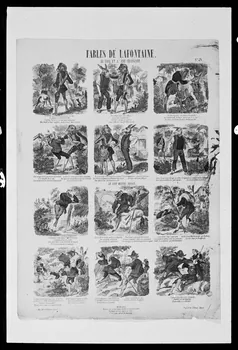 photographie Estampe accompagnée d'un texte illustrant une Fable de La Fontaine. "Le lion et l'âne chassant". Lithographie couleur. Maison Pellerin à Epinal Ph.1978.2.437 Photo