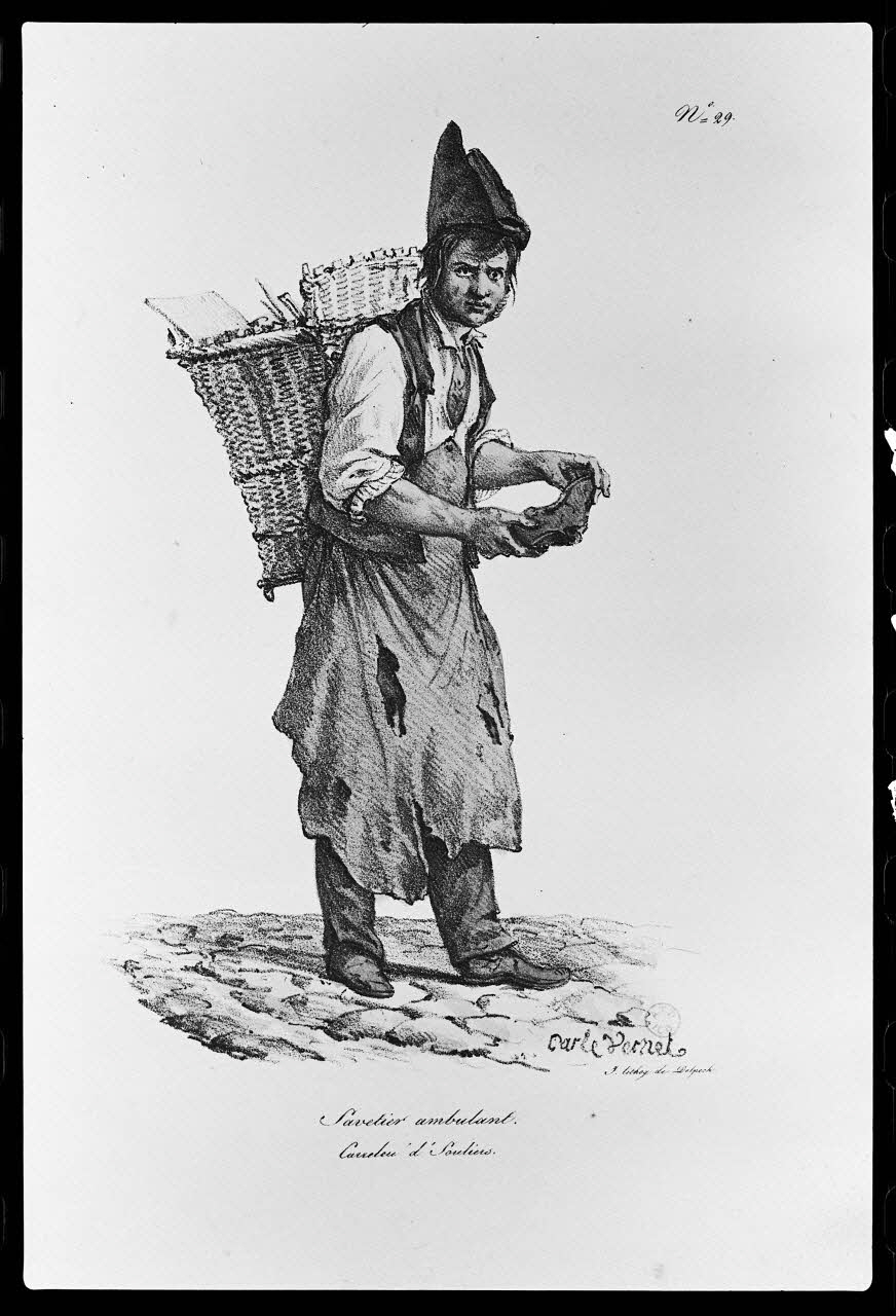 photographie Planche éducative sous forme d'estampe, traitant des petits métiers: savetier. "Savetier ambulant". Lithographie couleur. Signé Carle Vernet Ph.1978.2.555 Photo