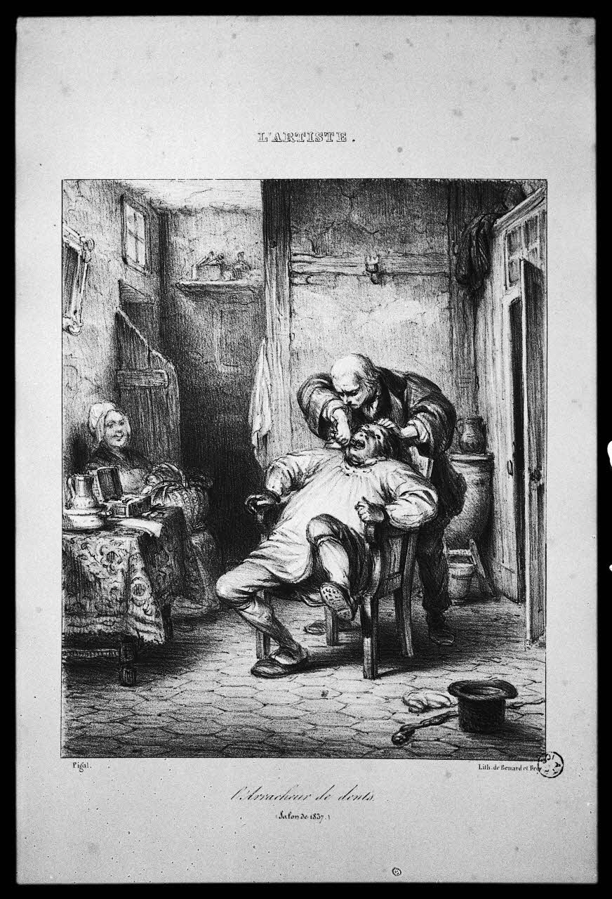 photographie Estampe représentant un arracheur de dent. Lithographie noir et blanc. Benard et Frey Ph.1978.27.19 Photo