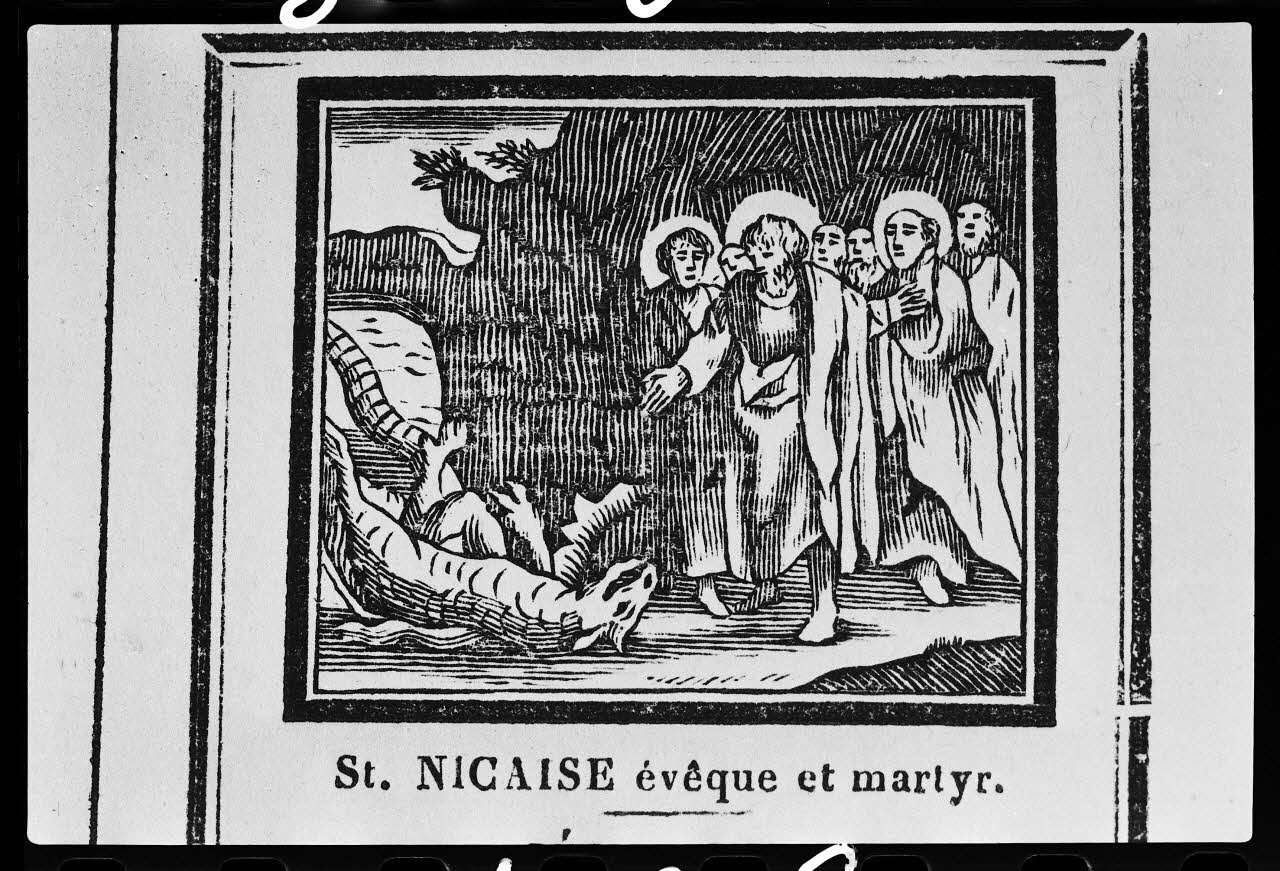 photographie Estampe représentant saint Nicaise et des animaux légendaires. Bois couleur. Maison Blocquel-Castiaux à Lille Ph.1979.2.128 Photo