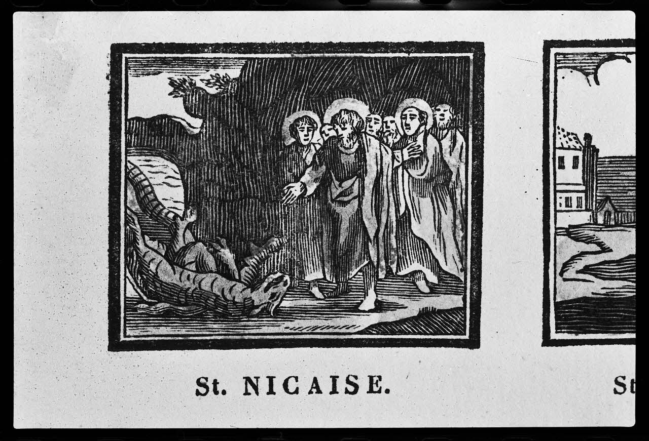 photographie Estampe accompagnée d'un texte représentant saint Nicaise et des animaux légendaires, datée du 19è siècle. Bois couleur. Maison Blocquel-Castiaux à Lille Ph.1979.2.130 Photo