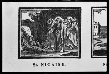 photographie Estampe accompagnée d'un texte représentant saint Nicaise et des animaux légendaires, datée du 19è siècle. Bois couleur. Maison Blocquel-Castiaux à Lille Ph.1979.2.130  Photo