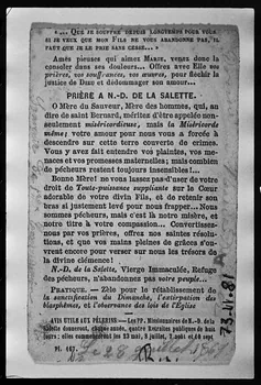 photographie Estampe accompagnée d'un texte illustrant une prière de Notre-Dame-de-la-Salette. Texte de prière. Lithographie noir et blanc. Maison Letaille à Paris Ph.1979.2.51 Photo