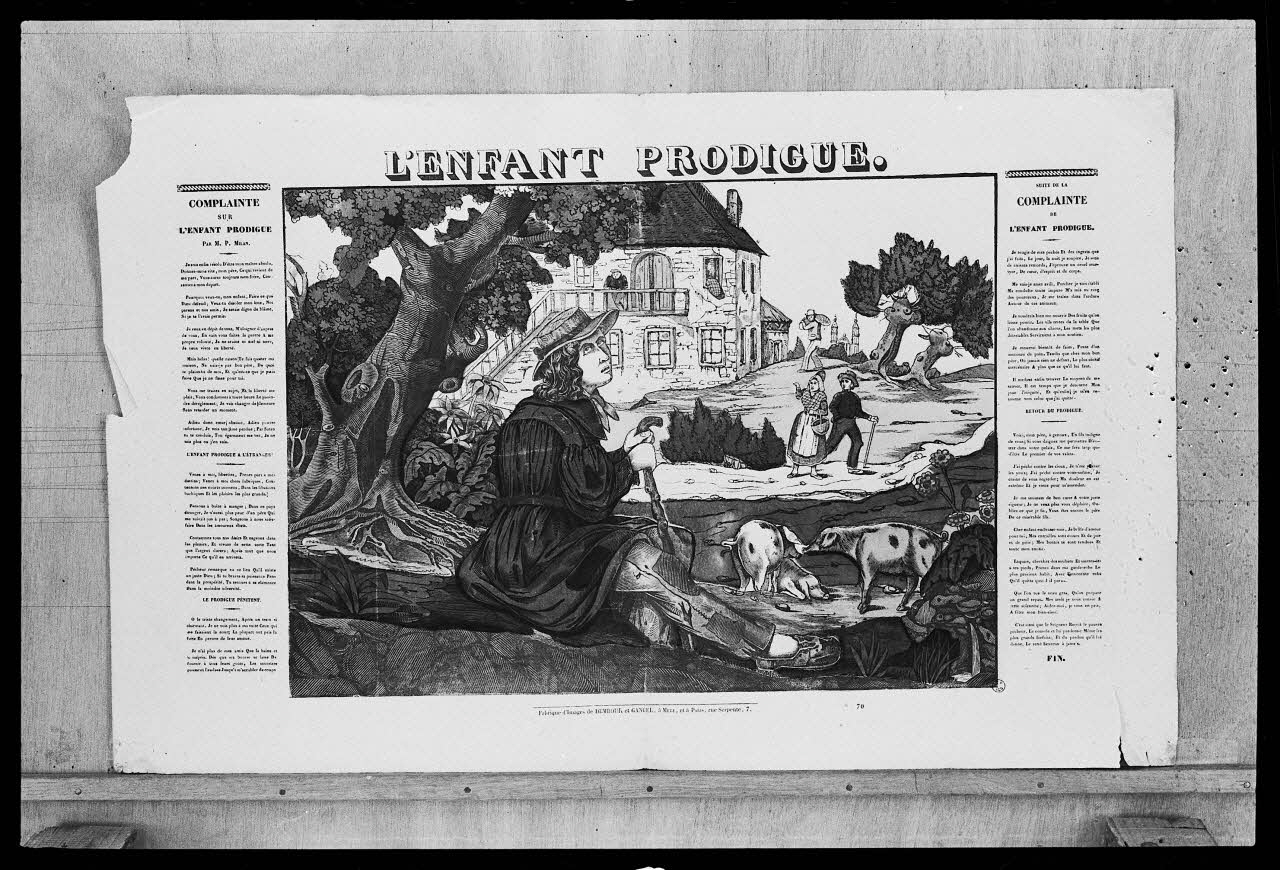 photographie Estampe accompagnée d'un texte ayant pour thème l'Enfant Prodigue, datée entre 1840 et 1852.Bois couleur. Maison Dembourg Gangel à Metz Ph.1979.2.79 Photo