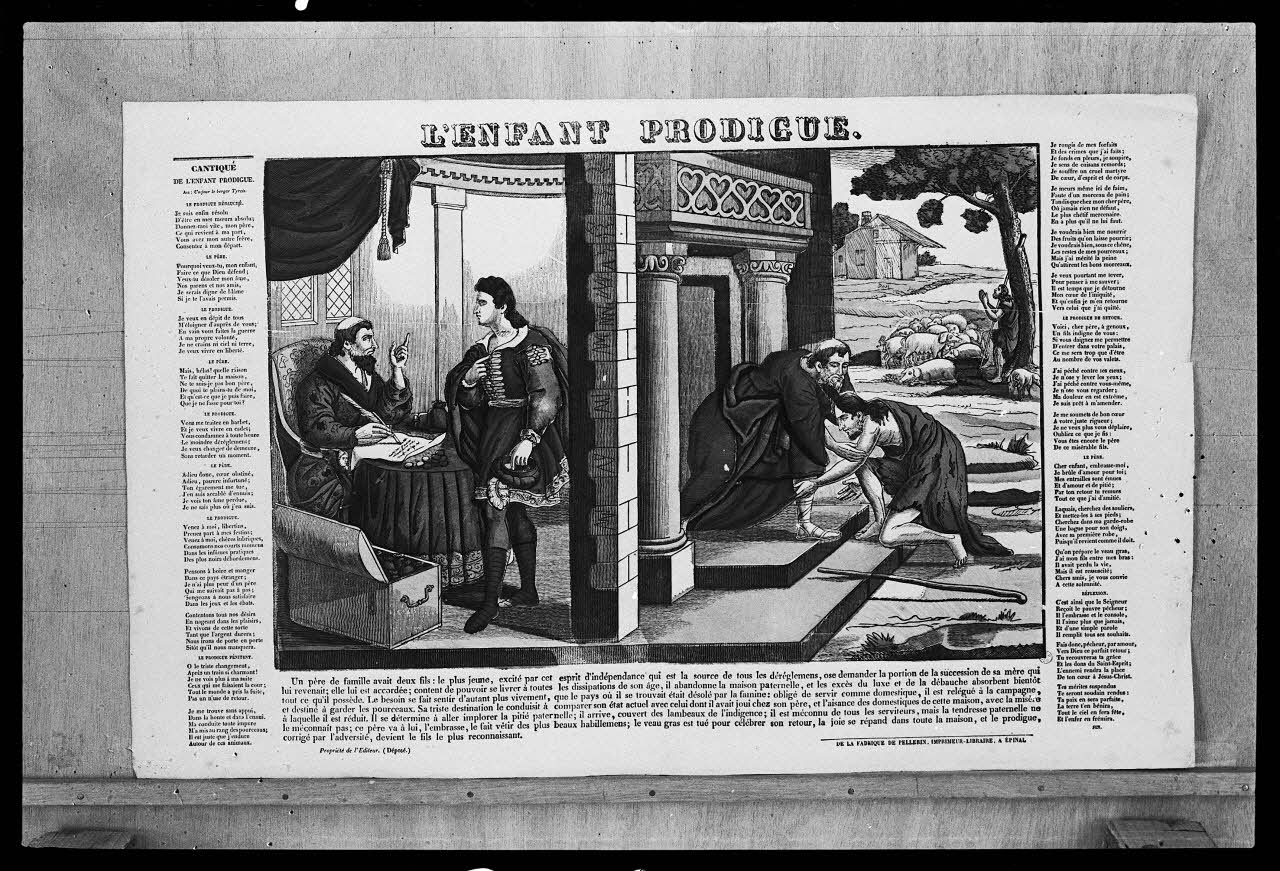 photographie Estampe accompagnée d'un texte ayant pour thème l'Enfant Prodigue, datée de 1828. Maison Pellerin à Epinal Ph.1979.2.86 Photo
