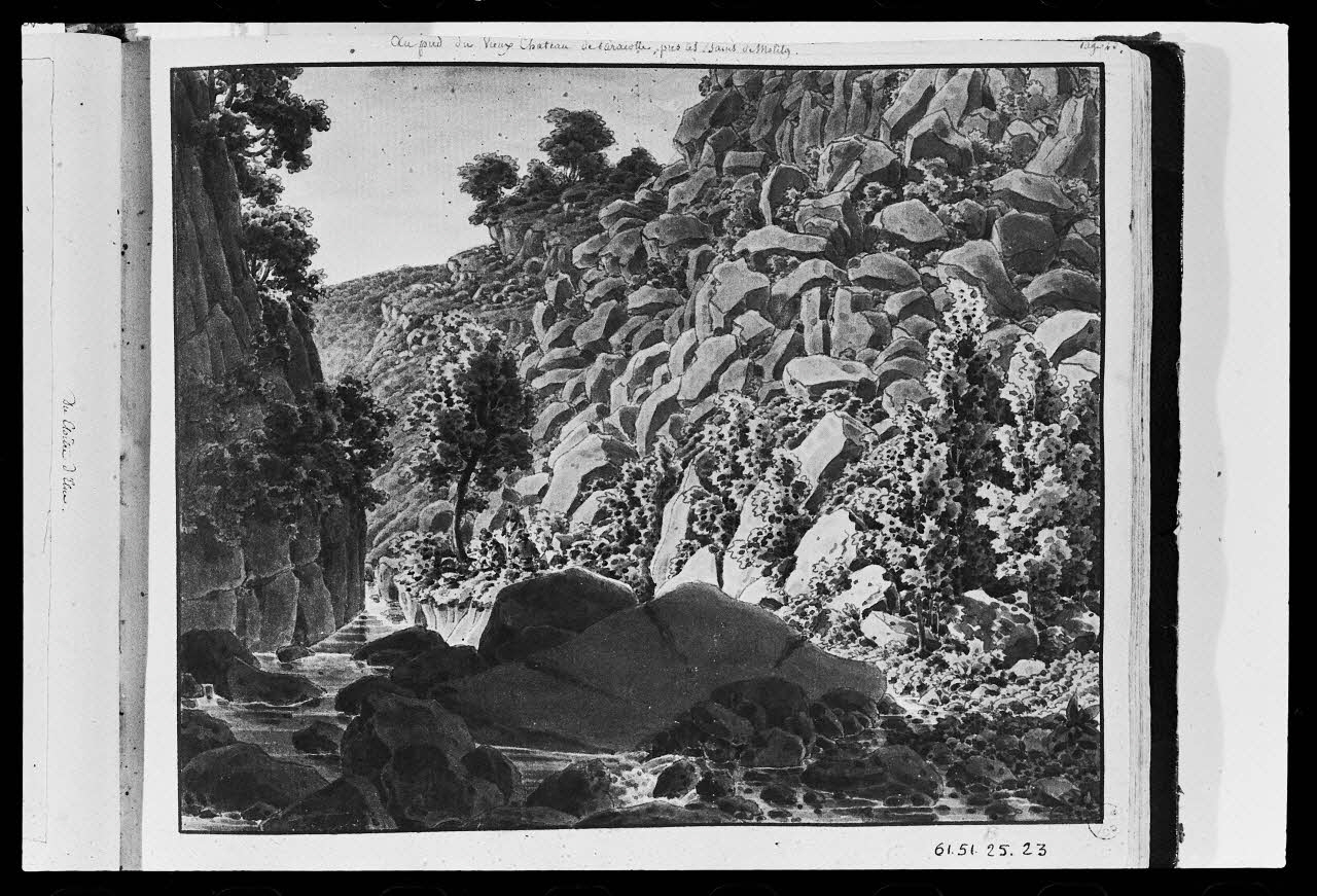 photographie Aquarelle représentant un site montagneux. "Au pied du château de Saracotte". Par Stanislas l'Eveillé Ph.1979.2.97 Photo