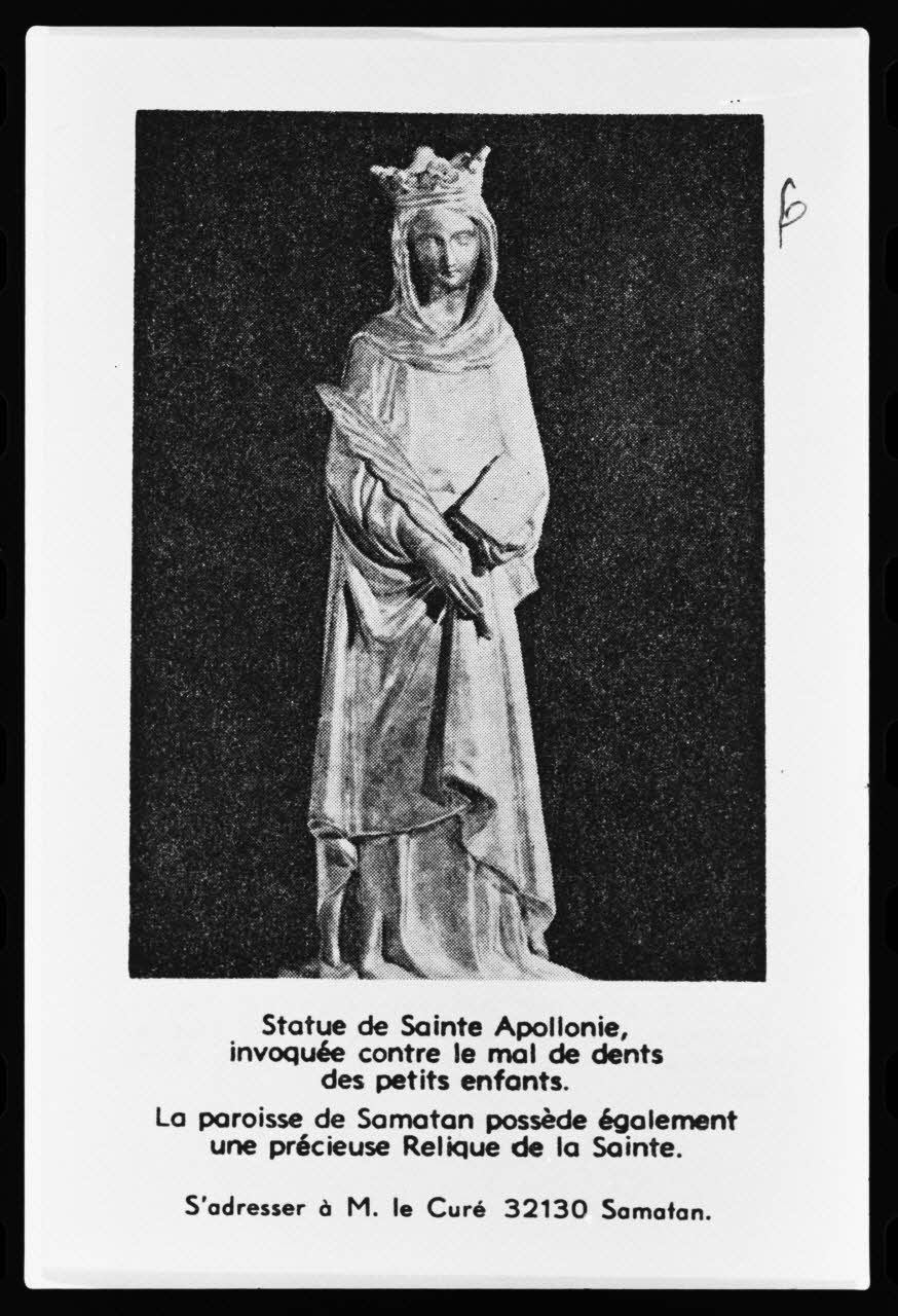 photographie Imagerie religieuse : sainte Apolline invoquée contre les maux de dents et de tête. Noir et blanc. 20è siècle Ph.1979.111.13 Photo