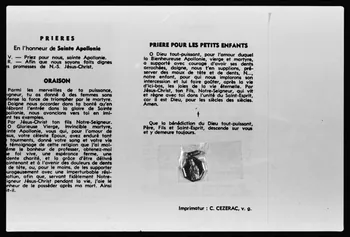 photographie Prière de guérison : sainte Apolline invoquée contre les maux de dents et de tête. Noir et blanc imprimée par C. Cezerac Ph.1979.111.14 Photo