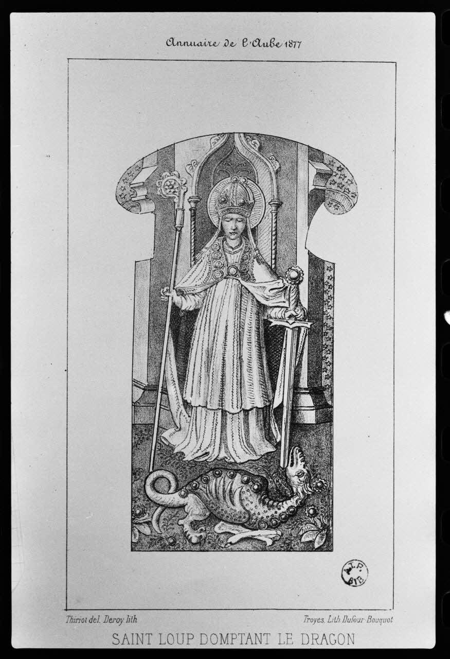 photographie Saint Loup domptant le dragon. Lithographie noir et blanc par Dufour Ph.1979.56.6 Photo