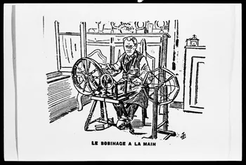 photographie Vie quotidienne d'ouvriers du textile dans un atelier industriel du Nord en 1900. Tisserand dans sa maison d'une cité ouvrière. Croquis d'un dévidoir dans l'"Echo du Nord" de 1906 Ph.1979.58.6 Photo