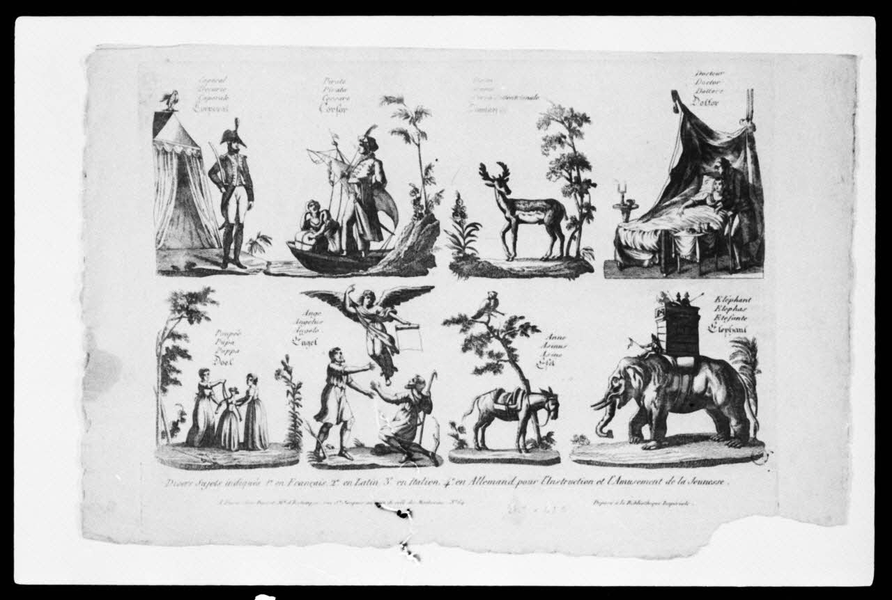 photographie "Divers sujets indiqués en français pour l'instruction de la jeunesse". Planche éducative sous forme d'estampe Ph.1981.2.344 Photo