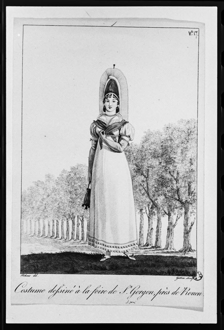 photographie "Costumes des femmes du Pays de Caux". Estampe. Costume de femme. Coiffe. Lanté et Gâtine. 1827. Isigny Ph.1981.3.106 Photo