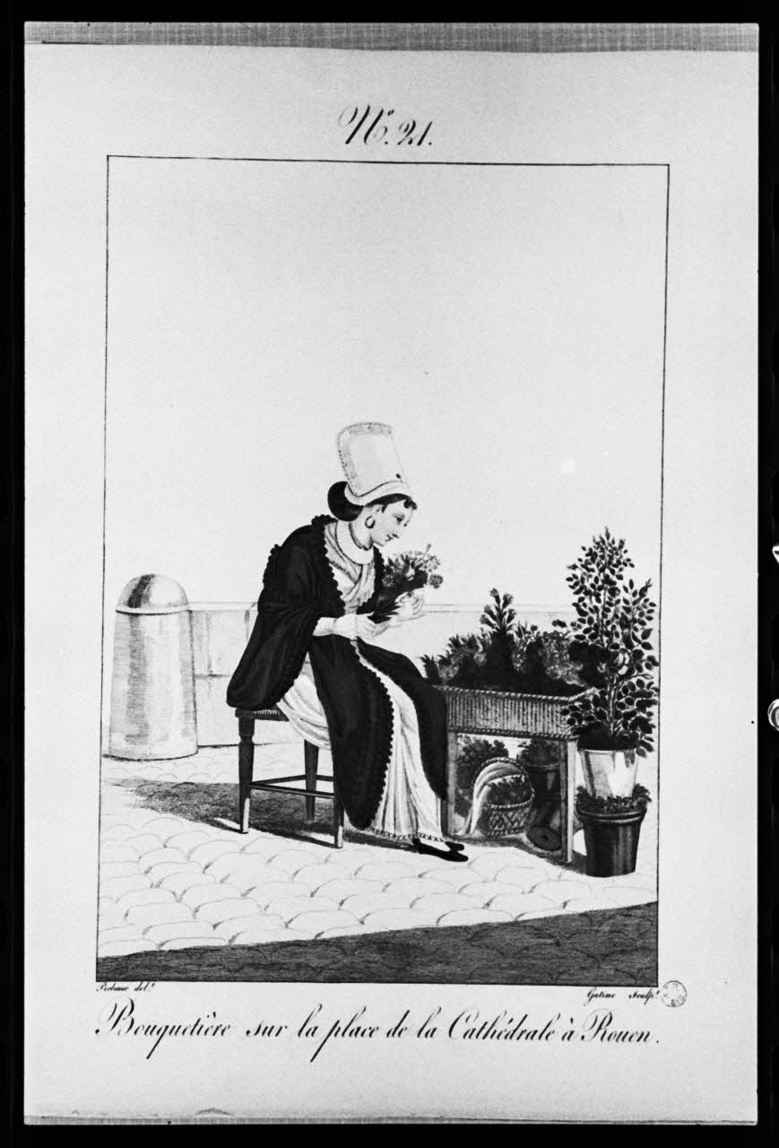 photographie "Costumes des femmes du Pays de Caux". Estampe. Costume d'une bouquetière. Lanté et Gâtine. 1827 Ph.1981.3.21 Photo