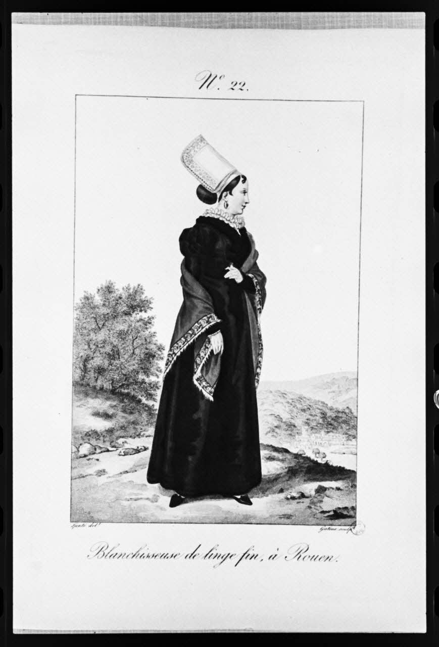 photographie "Costumes des femmes du Pays de Caux". Estampe. Costume d'une blanchisseuse. Lanté et Gâtine. 1827 Ph.1981.3.22 Photo