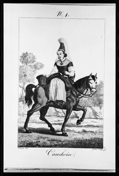 photographie "Costumes des femmes du Pays de Caux". Estampe. Costume de femme. Transport de personne. Lanté et Gâtine. 1827 Ph.1981.3.4 Photo