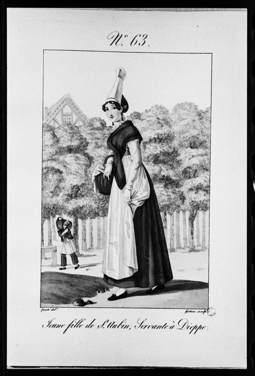 photographie "Costumes des femmes du Pays de Caux". Estampe. Costume de femme. Croix de chemin. Lanté et Gâtine. 1827 Ph.1981.3.63 Photo