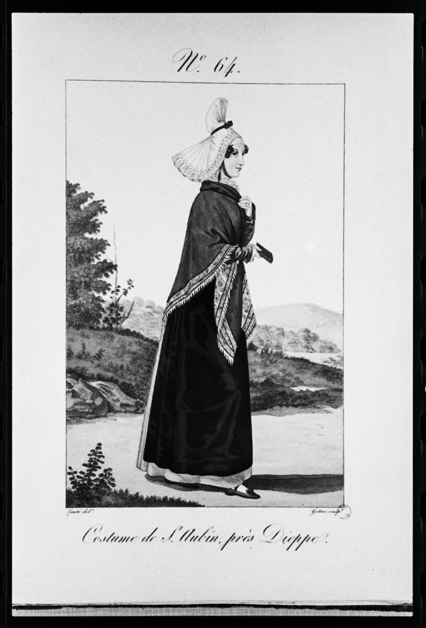 photographie "Costumes des femmes du Pays de Caux". Estampe. Costume de femme. Croix de chemin. Lanté et Gâtine. 1827 Ph.1981.3.64 Photo