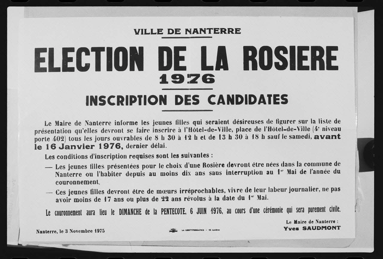 photographie Affiche pour l'inscription des candidates à l'élection de la Rosière. 1976 Ph.1982.1.783 Photo