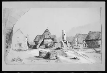 photographie "Bateau transformé en maison". Dessin daté de 1857 représentant une installation fluviale. Rehaussé d'aquarelle Ph.1983.2.145 Photo