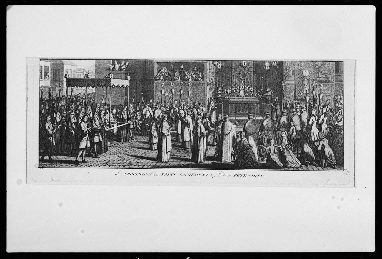 photographie "Procession du Saint Sacrement". Estampe datée de 1725. Cuivre noir et blanc. Maison Picard à Caen Ph.1983.2.214 Photo