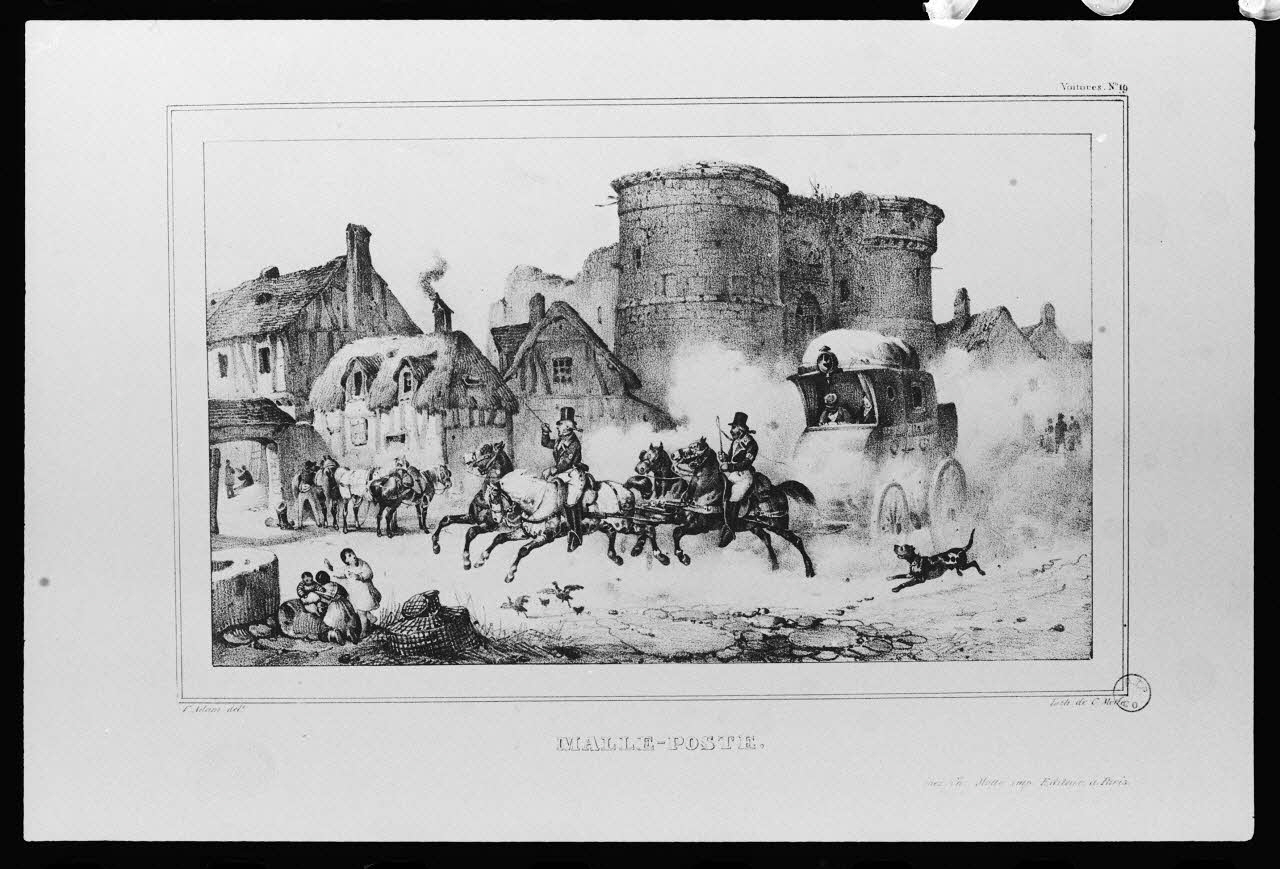 photographie "La malle-poste". Estampe. Lithographie noir et blanc par V. Adam. Maison C. Motte à Paris Ph.1983.2.222  Photo