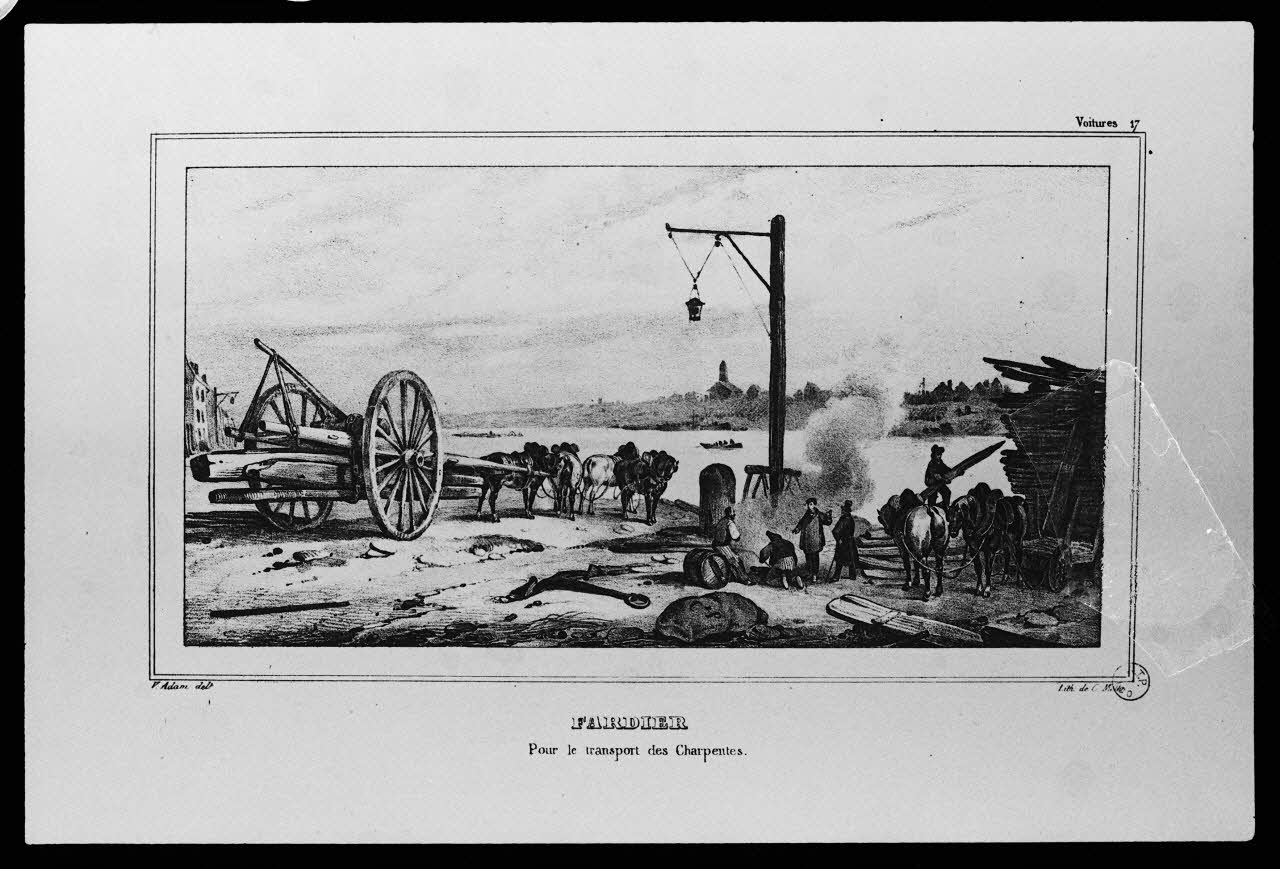 photographie "Fardier pour le transport des charpentes". Estampe. Lithographie noir et blanc par V. Adam. Maison C. Motte à Paris Ph.1983.2.223 Photo