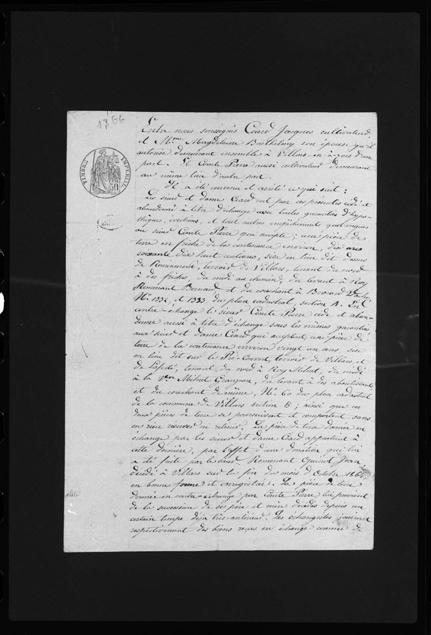 Frédéric Duchesne photographie Manuscrit prêtés sur des actes de ventes. Papiers administratifs. Echange de terrains Champagne-Ardenne, France 1866 Ph.1983.40.12 Photo