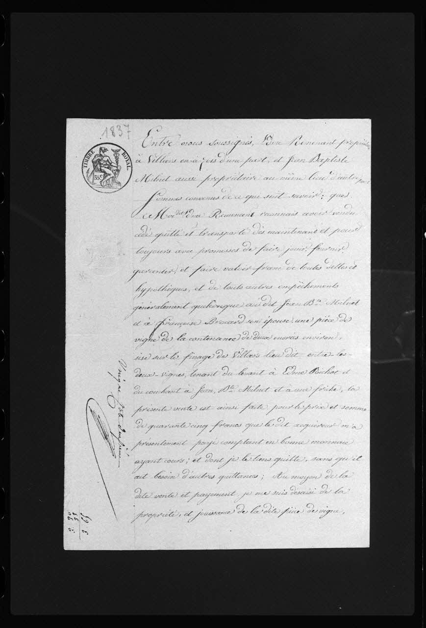 Frédéric Duchesne photographie Manuscrit prêtés sur des actes de ventes. Papiers administratifs. Acte de vente de vignes Champagne-Ardenne, France 1837 Ph.1983.40.34 Photo