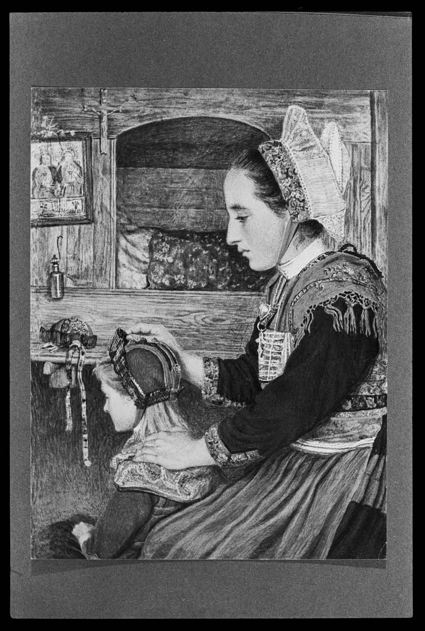 photographie Illustration dans "Costumes, mœurs et légendes de Savoie". E.Canziani. 1920. Lit-clos, femme en costume et bonnet d'enfant Ph.1983.73.15 Photo