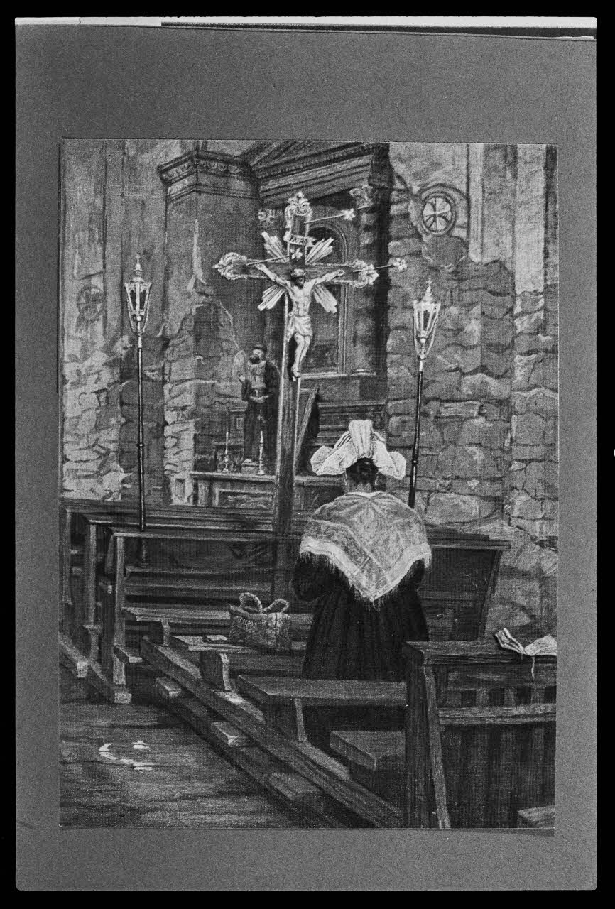 photographie Illustration dans "Costumes, mœurs et légendes de Savoie". E.Canziani. 1920. Femme en costume à l'intérieur d'une église Ph.1983.73.9 Photo