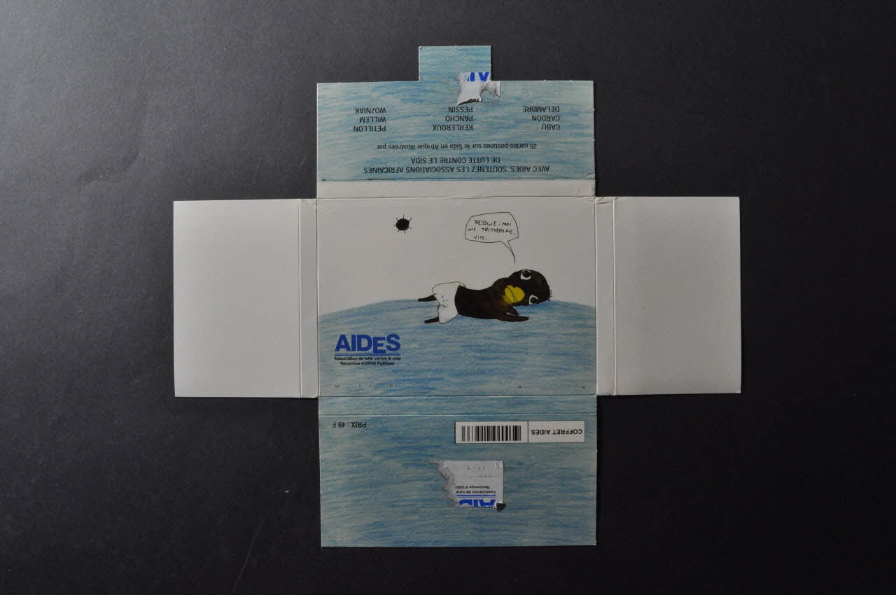 Association Aides ; Cabu ; Cardon ; Delambre ; Kerkeroux ; Pancho ; Pessin ; Petillon ; Willem ; Wozniak Pochette de cartes postales Dessine-moi une trithérapie France 2002 2002.93.11.1 Photo Mucem