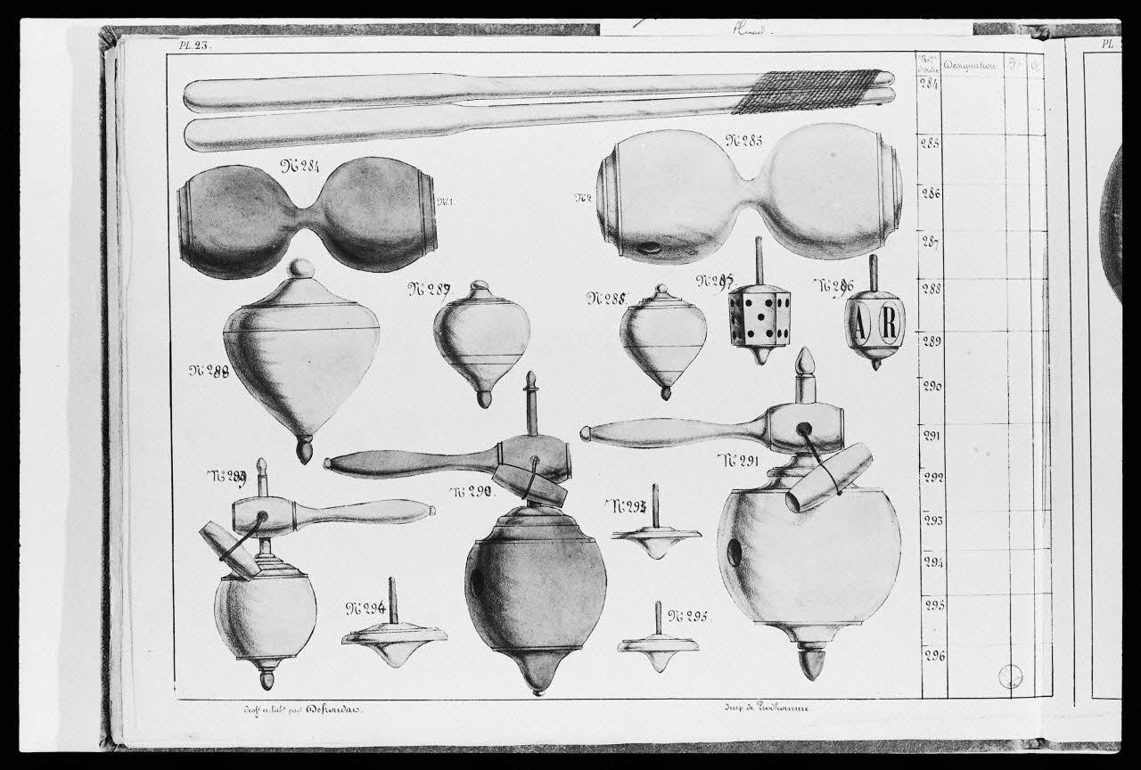 photographie "Album de jeux et tabletterie : toupie et diabolo". Catalogue daté de 1850. Reproduction industrielle et gouache, dessin et lithographie par Defrondats Ph.1984.2.140 Photo