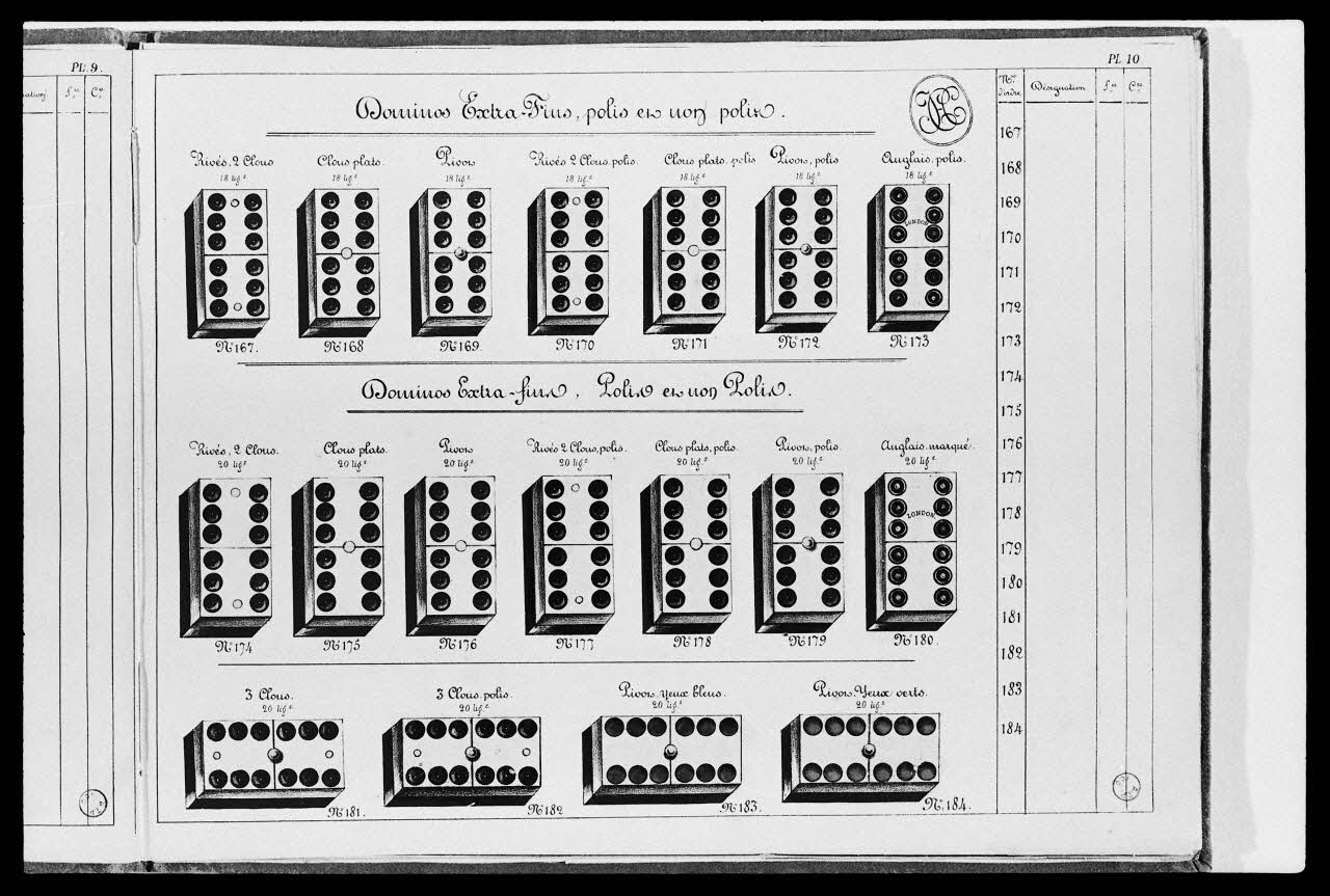 photographie "Album de jeux et tabletterie : domino". Catalogue daté de 1850. Reproduction industrielle et gouache, dessin et lithographie par Defrondats Ph.1984.2.154 Photo