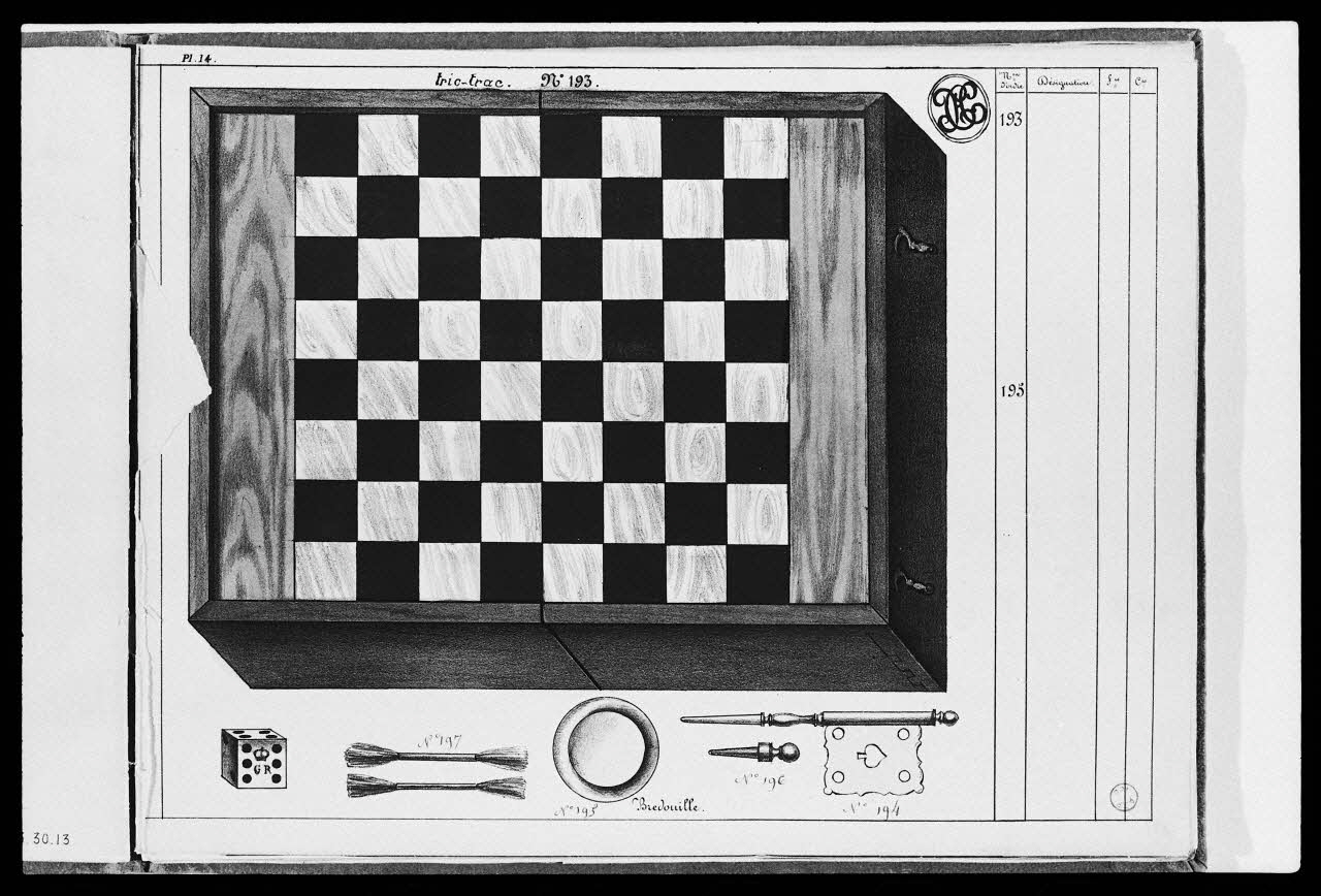 photographie "Album de jeux et tabletterie : jeu de table, échiquier". Catalogue daté de 1850. Reproduction industrielle et gouache, dessin et lithographie par Defrondats Ph.1984.2.156 Photo